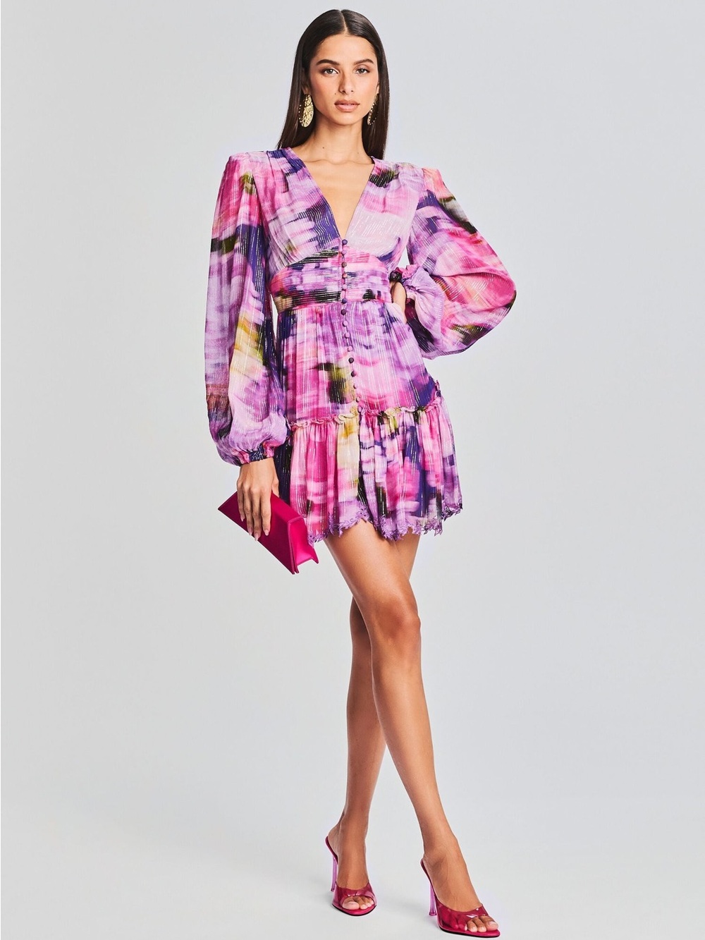 Hemant and Nandita Floral Purple-Pink V-Neck Tiered Mini Dress - Anay - Picture 5 of 8